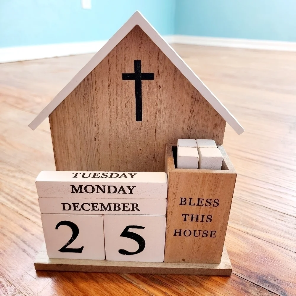 Bless This House Art Deco Wooden Desktop Blocks Calendar Inspirational Holiday